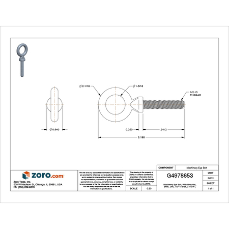 Zoro Select Machinery Eye Bolt With Shoulder, 1/2"-13, 2-1/2 in Shank, 1-3/16 in ID, Steel, Zinc Plated U16010.050.0250