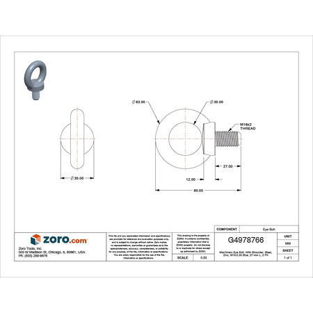 Zoro Select Machinery Eye Bolt With Shoulder, M16-2.00, 27 mm Shank, 35 mm ID, Steel, Zinc Plated, 2 PK M16010.160.0001