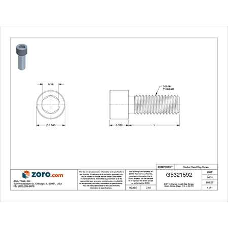 Zoro Select 3/8"-16 Socket Head Cap Screw, Black Oxide Steel, 1 in Length, 50 PK U07000.037.0100