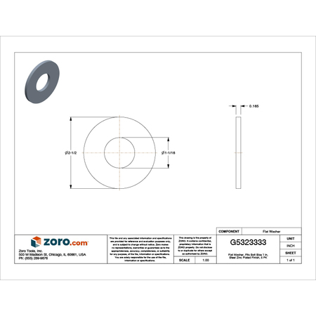 Zoro Select Flat Washer, Fits Bolt Size 1" , Steel Zinc Plated Finish, 5 PK U38130.100.0001