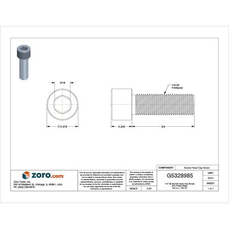 Zoro Select 1/4"-20 Socket Head Cap Screw, Zinc Plated Steel, 3/4 in Length, 100 PK U07001.025.0075