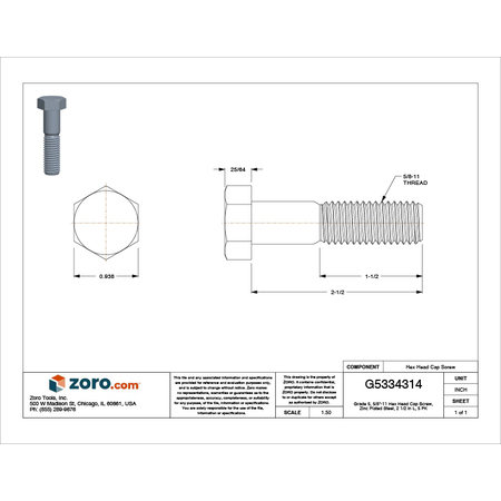 Zoro Select Grade 5, 5/8"-11 Hex Head Cap Screw, Zinc Plated Steel, 2-1/2 in L, 5 PK U01200.062.0250