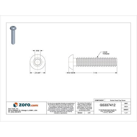 Zoro Select 1/4"-20 Socket Head Cap Screw, Plain 18-8 Stainless Steel, 1-1/4 in Length, 100 PK U51030.025.0125