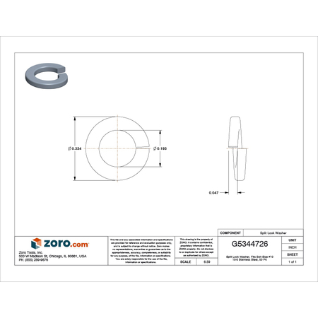 Zoro Select Split Lock Washer, For Screw Size #10 Stainless Steel, Plain Finish, 50 PK U51450.019.0001