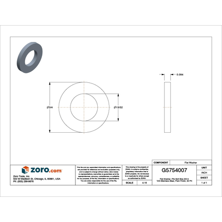 Zoro Select Flat Washer, Fits Bolt Size 3/8" , Stainless Steel Plain Finish, 50 PK U51410.037.0002