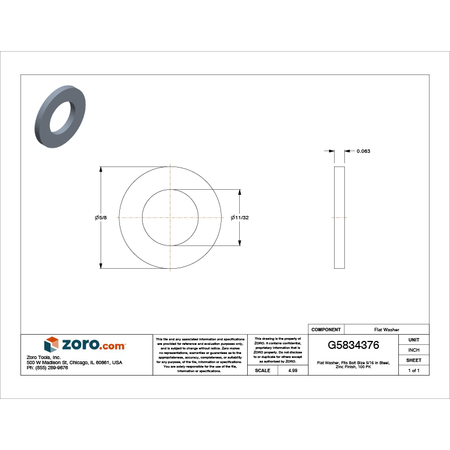 Zoro Select Flat Washer, Fits Bolt Size 5/16" , Steel Zinc Plated Finish, 100 PK U38400.031.0001