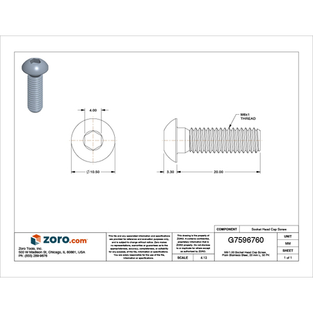 Zoro Select M6-1.00 Socket Head Cap Screw, Plain Stainless Steel, 20 mm Length, 50 PK M51030.060.0020