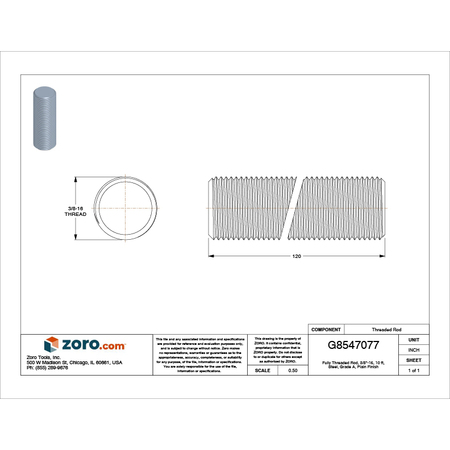 Zoro Select Fully Threaded Rod, 3/8"-16, 10 ft, Steel, Grade A, Plain Finish U20200.037.8888