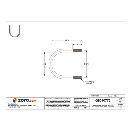 Zoro Select Round U-Bolt, 5/16"-18, 2 1/2 in Wd, 3 3/16 in Ht, Zinc Plated Steel U17243.031.0200