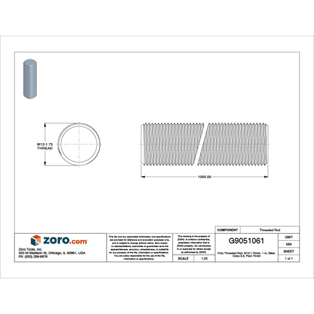 Zoro Select Fully Threaded Rod, M12-1.75mm, 1 m, Steel, Class 8.8, Plain Finish M20220.120.1000