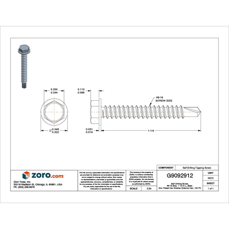Zoro Select Self-Drilling Screw, #8 x 1 1/4 in, Zinc Plated Steel Hex Head External Hex Drive, 100 PK U31810.016.0125