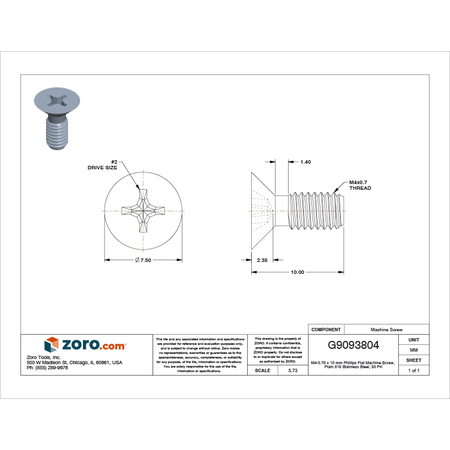 Zoro Select M4-0.70 x 10 mm Phillips Flat Machine Screw, Plain 316 Stainless Steel, 50 PK M55300.040.0010
