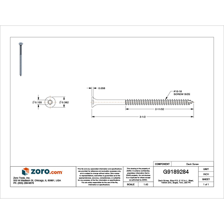 Zoro Select Deck Screw, #10 x 3-1/2 in, Steel, Flat Head, Torx Drive, 200 PK U30251.019.0350