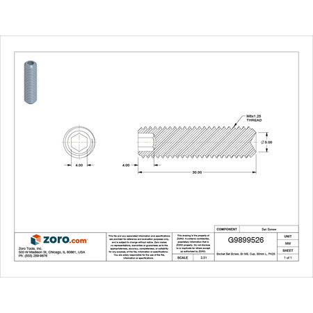 Zoro Select Socket Set Screw, Gr M8, Cup, 30mm L, PK25 M07840.080.0030