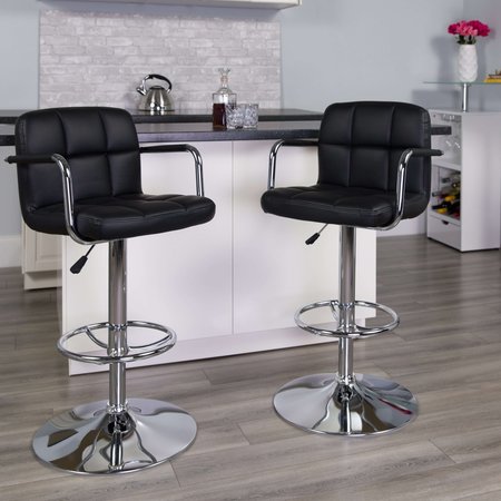 FLASH FURNITURE Black Quilted Vinyl Adjustable Height Barstool, Arms, Chrome Base, PK2 2-CH-102029-BK-GG