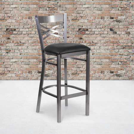 FLASH FURNITURE Clear Coated ''X'' Back Metal Restaurant Barstool, Black Vinyl Seat, PK2 2-XU-6F8B-CLR-BAR-BLKV-GG