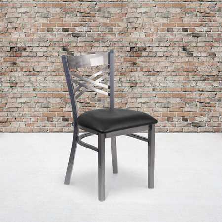 FLASH FURNITURE Clear Coated ''X'' Back Metal Restaurant Chair, Black Vinyl Seat, PK2 2-XU-6FOB-CLR-BLKV-GG