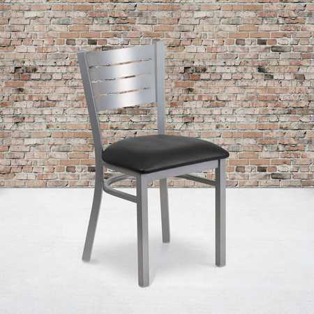 FLASH FURNITURE Silver Slat Back Metal Restaurant Chair, Black Vinyl Seat, PK2 2-XU-DG-60401-BLKV-GG