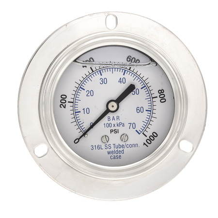 Pic Gauges Gauge, 2.5", 0/1000psi, 1/4"CBM, SS, FrtFlng PRO-304L-254M-01