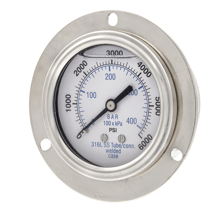 PIC GAUGES Gauge, 2.5", 0/6000psi, 1/4"CBM, SS, FrtFlng PRO-304L-254S-01