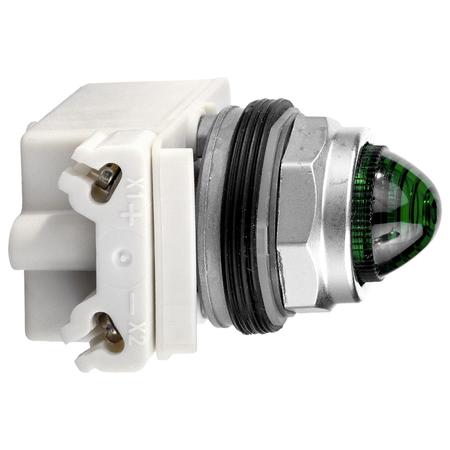 SQUARE D Pilot light, Harmony 9001K, metal, glass, domed, green, 30mm, LED green, 120V 9001KP38LGG6