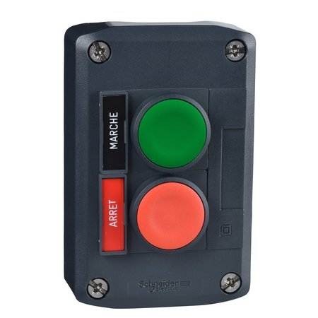 SCHNEIDER ELECTRIC Complete control station, Harmony XALD, XALK, dark grey, flush push buttons 22mm, green MARCHE 1NO red ARRET 1NC, spring return XALD211H7