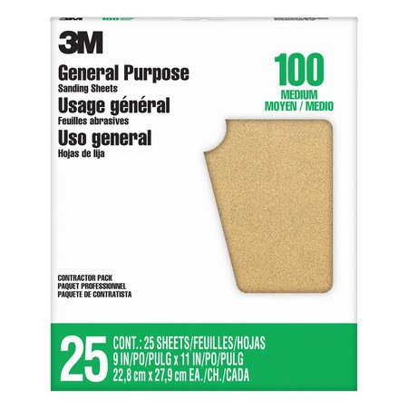 3M Sandpaper Sheet, 100 Grit, 9"W, PK25 11604NA-25