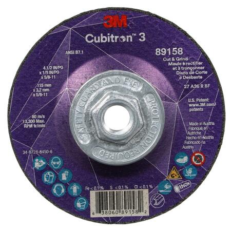 3M Cubitron 3M Cubitron 3 Cut and Grind Wheel, 90016, 36+, T27, 4-1/2 in x 5/32 in
x 5/8 in-11 (115 x 4.2 mm x 5/8-11 in), ANSI, 10 ea/Case 90016