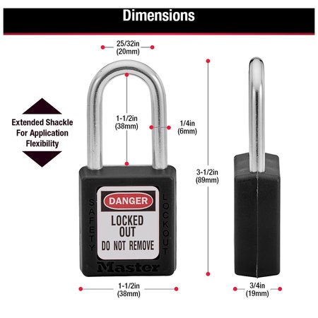 Master Lock Zenex Thermoplastic Safety Padlock, 1-1/2 in Wide with 1-1/2 in Shackle, Black 410BLK
