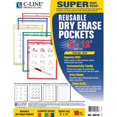 C-Line Products Reusable Dry Erase Pocket 9x12", Assorted Colors, PK10 40610