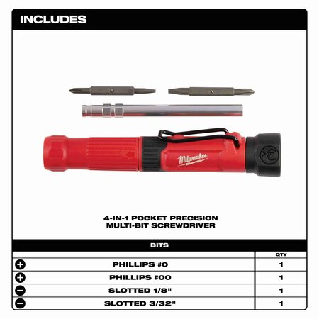 Milwaukee Tool Multi-Bit Screwdriver, Chrome Metal, 4 pcs 48-22-2932