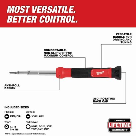 Milwaukee Tool Multi-Bit Screwdriver, Chrome Metal, 6 pcs 48-22-2933