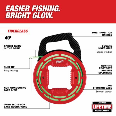 Milwaukee Tool Fish Tape, Fiberglass, 5/32 in W, 40 ft L 48-22-4184