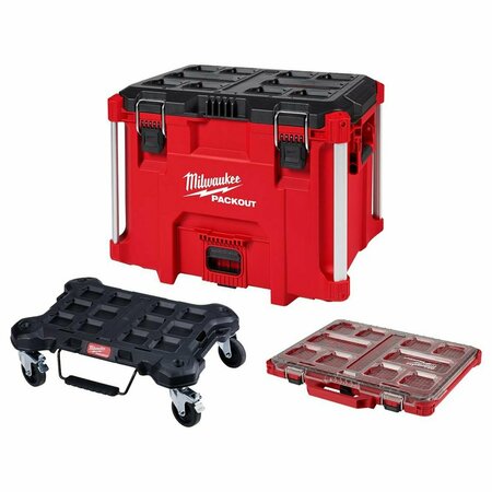 Milwaukee Tool PACKOUT XL Tool Box + Dolly + Low-Profile Organizer, Polymer, Black/Red, 22 in W x 16-1/4 in D 48-22-8429, 48-22-8410, 48-22-8431