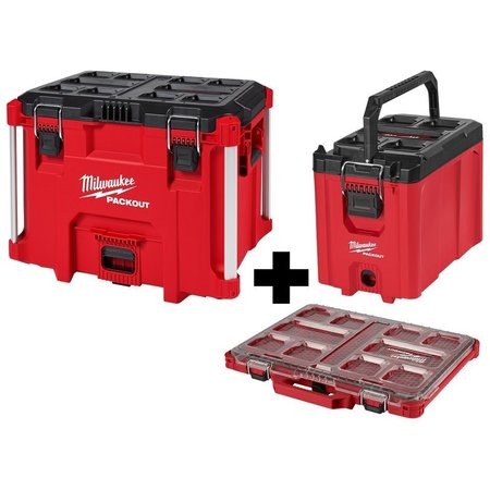 MILWAUKEE TOOL PACKOUT XL Tool Box + Compact Tool Box + Low-Profile Organizer, Polymer, Black/Red, 22 in W 48-22-8429, 48-22-8422, 48-22-8431