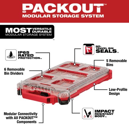 Milwaukee Tool PACKOUT Tool Case, 5 Compartments, 9-3/4 in W x 15-1/4 in D x 2-1/2 in H, Red 48-22-8436