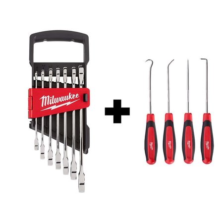 Milwaukee Tool 7pc Ratcheting Combination Wrench Set - Metric w/ 4 PC Hook & Pick Set 48-22-9506, 48-22-9215
