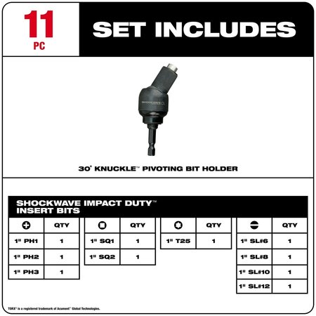 Milwaukee Tool SHOCKWAVE 30° KNUCKLE Pivoting Bit Holder -11PC 48-32-2301