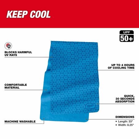 Milwaukee Tool Cooling Towel, Wet, 33" L, 8-1/4" W, Blue 48-73-4540
