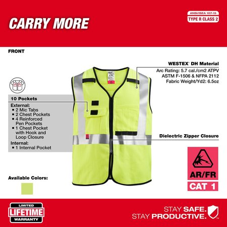 Milwaukee Tool Arc-Rated/Flame-Resistant Cat 1 Class 2 High Visibility Yellow Safety Vest - 2X-Large/3X-Large 48-73-5303