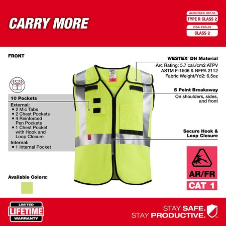 Milwaukee Tool Arc-Rated/Flame-Resistant Cat 1 Class 2 Breakaway High Visibility Yellow Safety Vest - Large/X-Large 48-73-5312