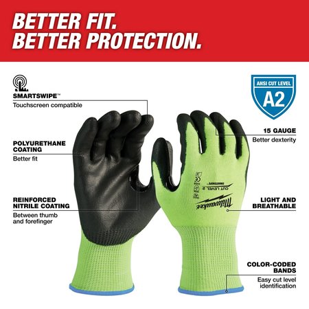 Milwaukee Tool High Visibility Cut Level 2 Polyurethane Dipped Gloves - M 48-73-8921
