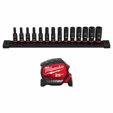 MILWAUKEE TOOL Impact Socket Set, 25ft Tape Measure 49-66-7003, 48-22-0225M