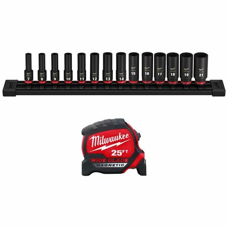 MILWAUKEE TOOL Impact Socket Set, 25ft Tape Measure 49-66-7008, 48-22-0225M