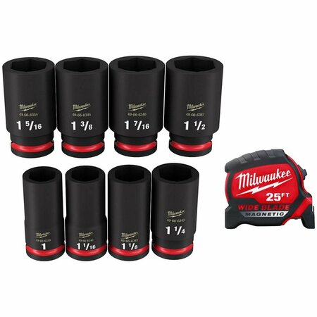 MILWAUKEE TOOL Impact Socket Set 8pc, 25ft Tape Measure 49-66-7018, 48-22-0225M