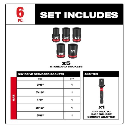 Milwaukee Tool 3/8 in Drive Impact Socket Set, SAE, 6 pcs 49-66-7035