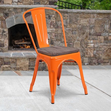 FLASH FURNITURE Orange Metal Stackable Chair with Wood Seat 4-CH-31230-OR-WD-GG