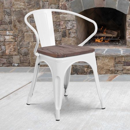 FLASH FURNITURE White Metal Chair with Wood Seat and Arms 4-CH-31270-WH-WD-GG