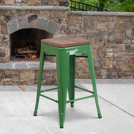 FLASH FURNITURE Green Metal Counter Stool, 24" 4-CH-31320-24-GN-WD-GG