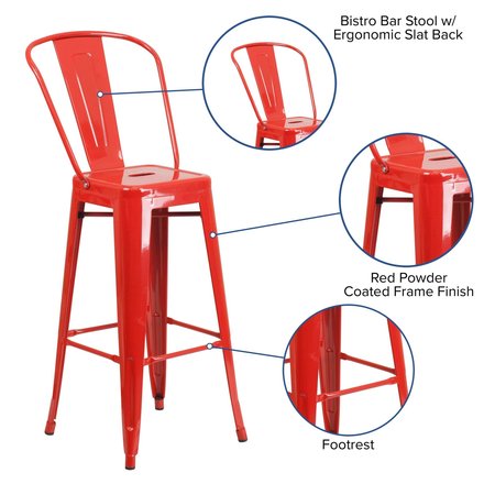 Flash Furniture 4 Pack 30" High Red Metal Indoor-Outdoor Barstool 4-CH-31320-30GB-RED-GG